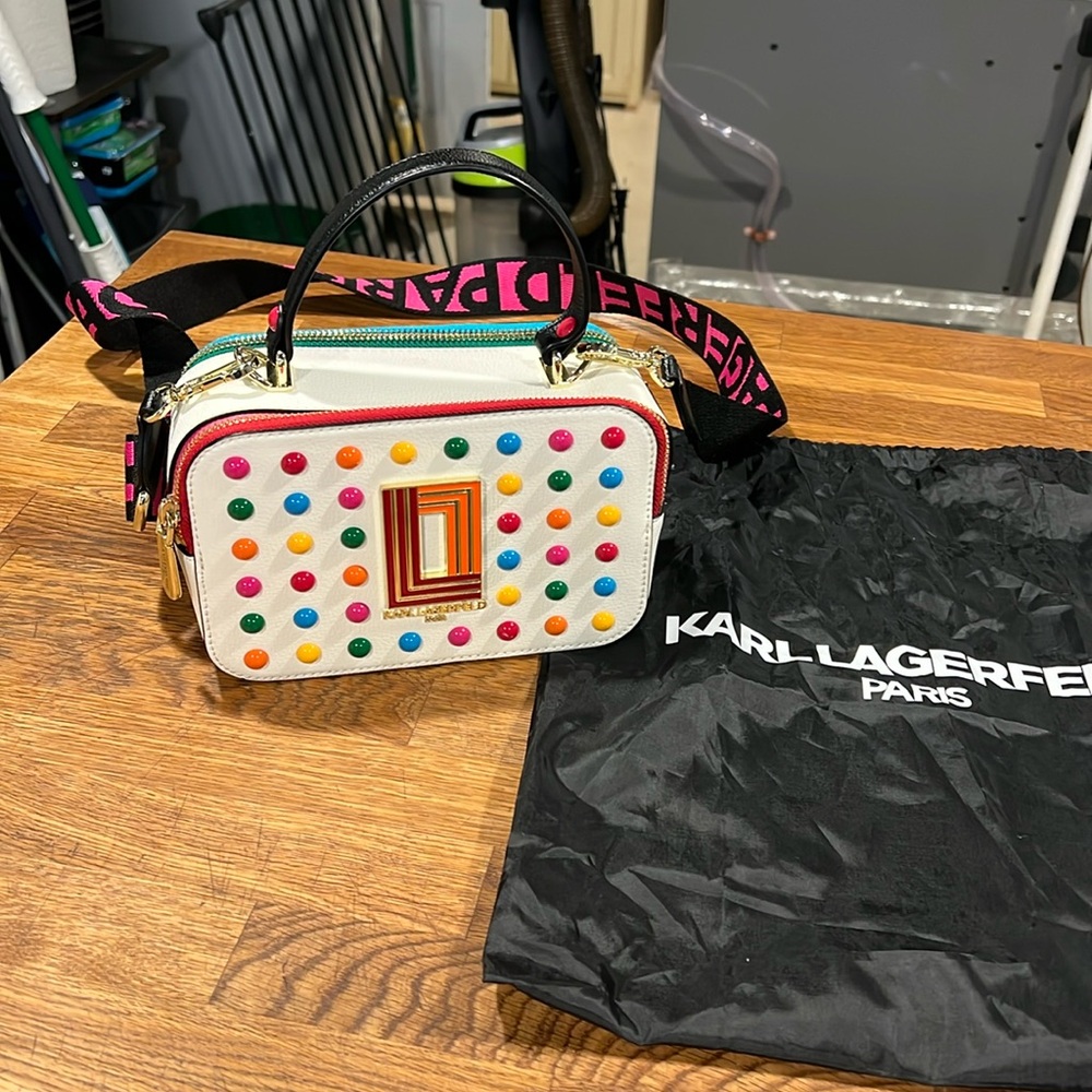 KARL LAGERFIELD Simone Rainbow Studded Dots Crossbody Bag in White Multi.